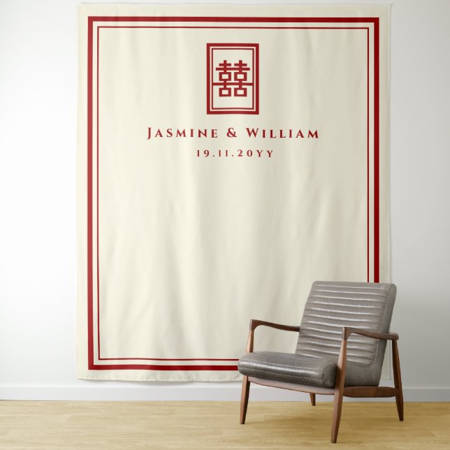 Double Happiness Chinese Wedding Photo Backdrop Tapestry (In Situ)