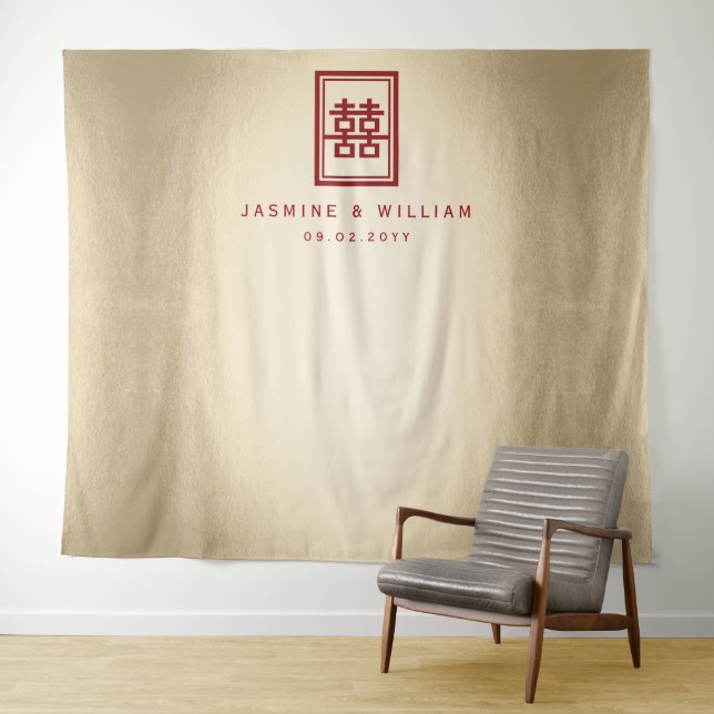 Double Happiness Chinese Wedding Photo Backdrop Tapestry (In Situ (Horizontal))