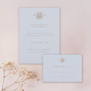 Double Happiness Dusty Blue & Gold Chinese Wedding RSVP Card