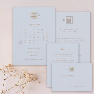 Double Happiness Dusty Blue & Gold Chinese Wedding Save The Date