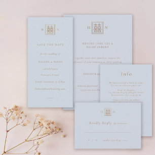 Double Happiness Dusty Blue & Gold Chinese Wedding Save The Date