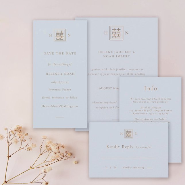 Double Happiness Dusty Blue & Gold Chinese Wedding Save The Date (Creator Uploaded)