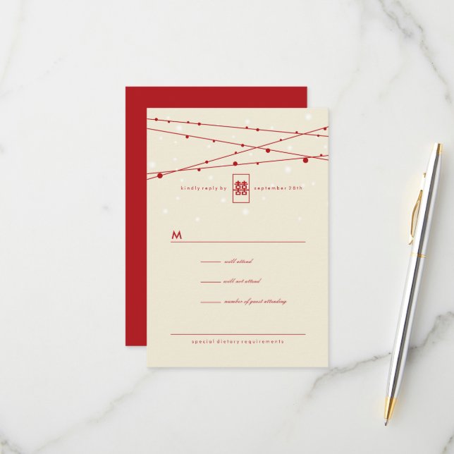 Double Happiness Fairy Lights Chinese Wedding RSVP Card (Front/Back In Situ)