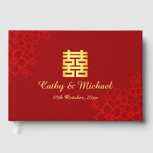 Double happiness floral background Chinese wedding Guest Book