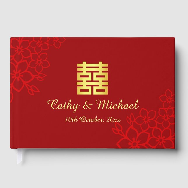 Double happiness floral background Chinese wedding Guest Book (Front)