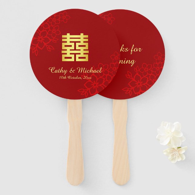 Double happiness floral background Chinese wedding Hand Fan (Front and Back)