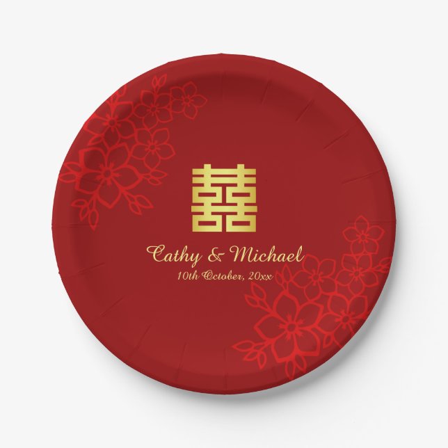 Double happiness floral background Chinese wedding Paper Plate (Front)