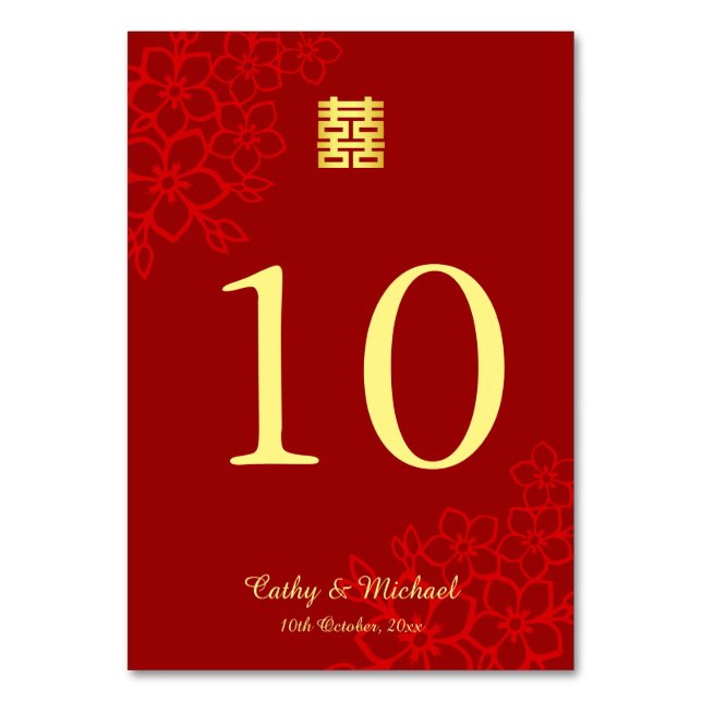 Double happiness floral background Chinese wedding Table Number (Front)