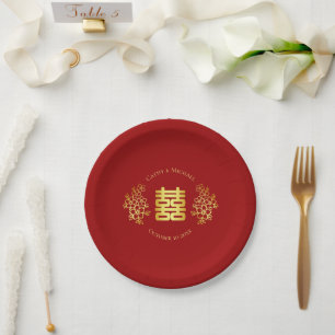 Double happiness floral chinese wedding red gold paper plate