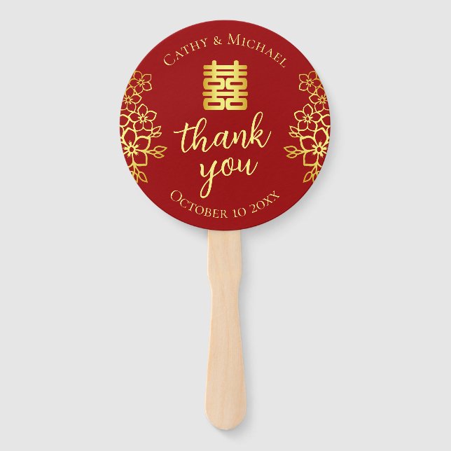 Double happiness floral thank you chinese wedding  hand fan (Front)