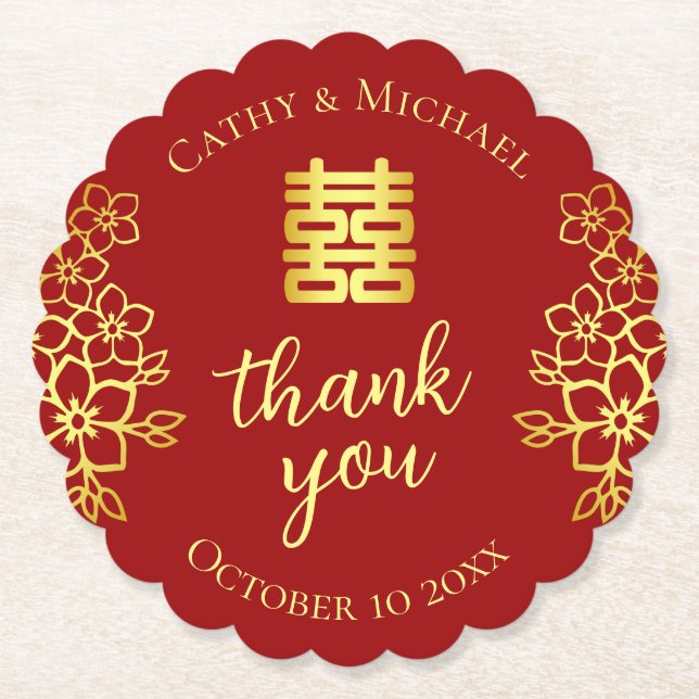 Double happiness floral thank you chinese wedding paper coaster (Front)