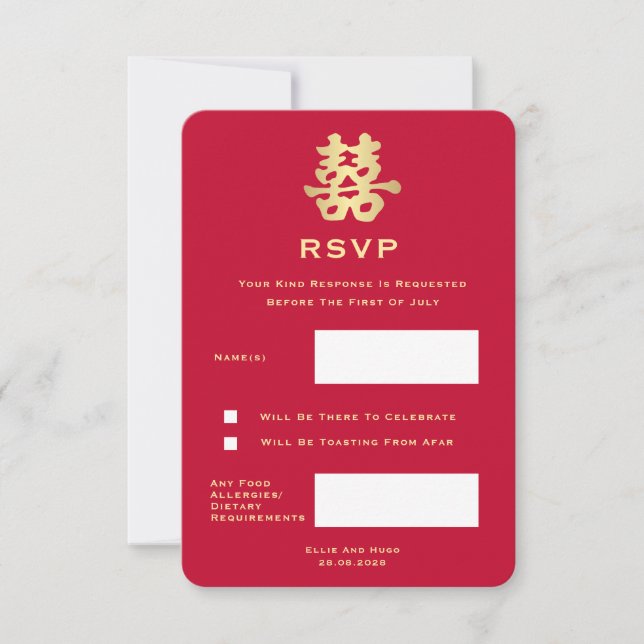 Double Happiness for a Chinese Wedding RSVP Card (Front)
