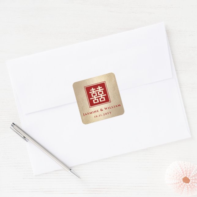 Double Happiness Gold Foil Chinese Wedding Favour Square Sticker (Envelope)