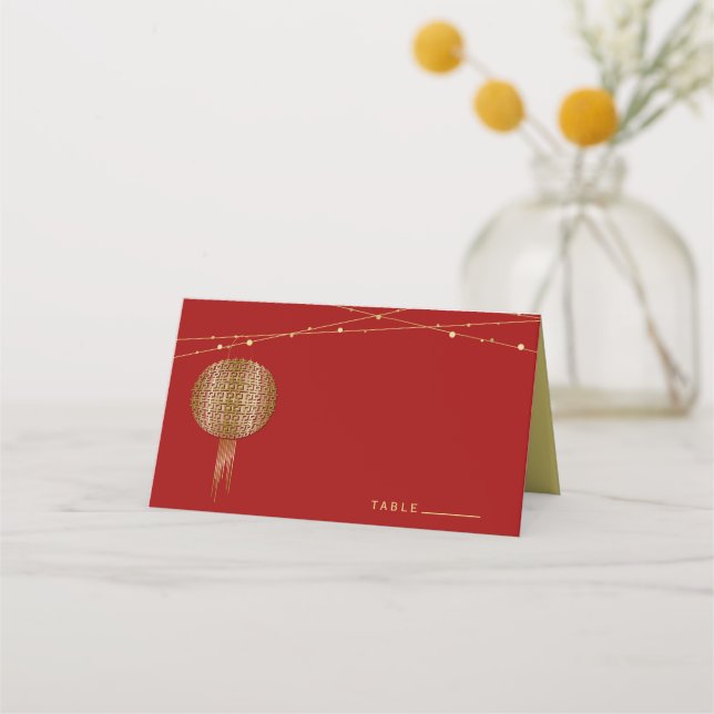 Double Happiness Golden Lanterns Chinese Wedding Place Card (Front)