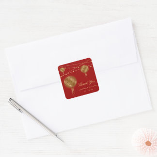 Double Happiness Golden Lanterns Chinese Wedding Square Sticker