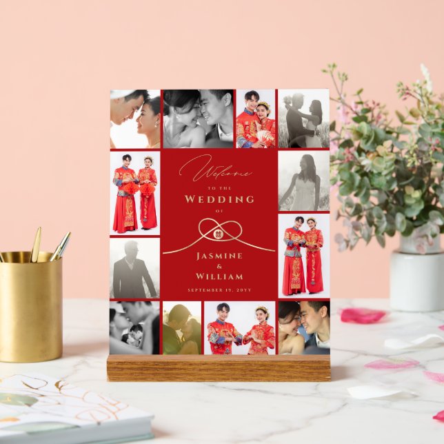 Double Happiness Knot Chinese Wedding 12 Photo Acrylic Sign (Wedding)