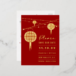 Double Happiness Lanterns Chinese Save The Date Foil Invitation Postcard