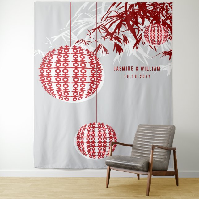 Double Happiness Lanterns Wedding Photo Backdrop Tapestry (In Situ)