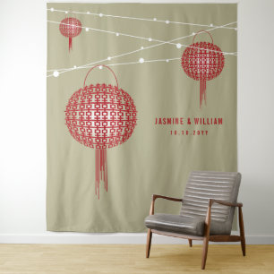 Double Happiness Lanterns Wedding Photo Backdrop Tapestry