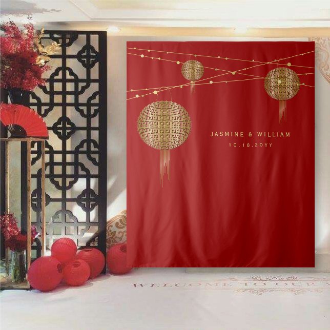 Double Happiness Lanterns Wedding Photo Backdrop Tapestry (Double Happiness Golden Lanterns Chinese Wedding Photo Backdrop Tapestry @ fatfatin_red_knot)