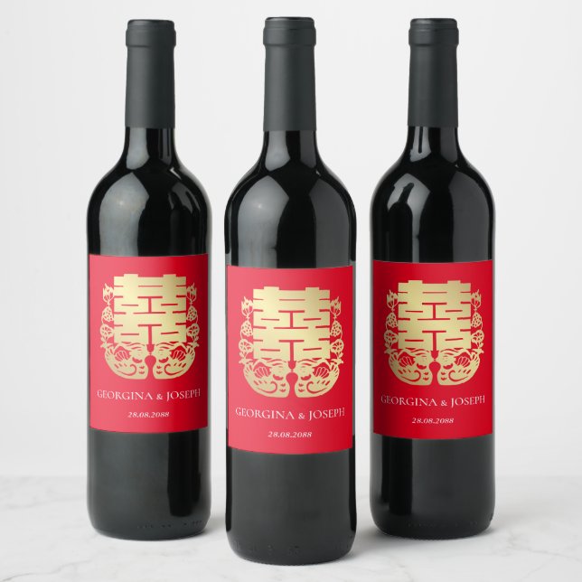 Double Happiness & Mandarin Ducks Chinese Wedding Wine Label (Bottles)
