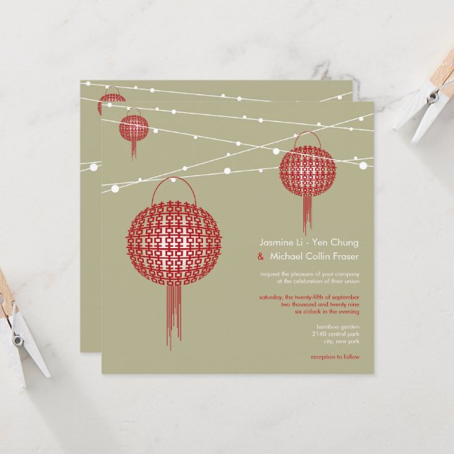 Double Happiness Red Lanterns Chic Chinese Wedding Invitation (Front/Back In Situ)