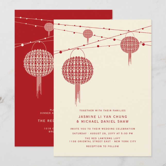 Double Happiness Red Lanterns Chic Chinese Wedding Invitation (Front/Back)