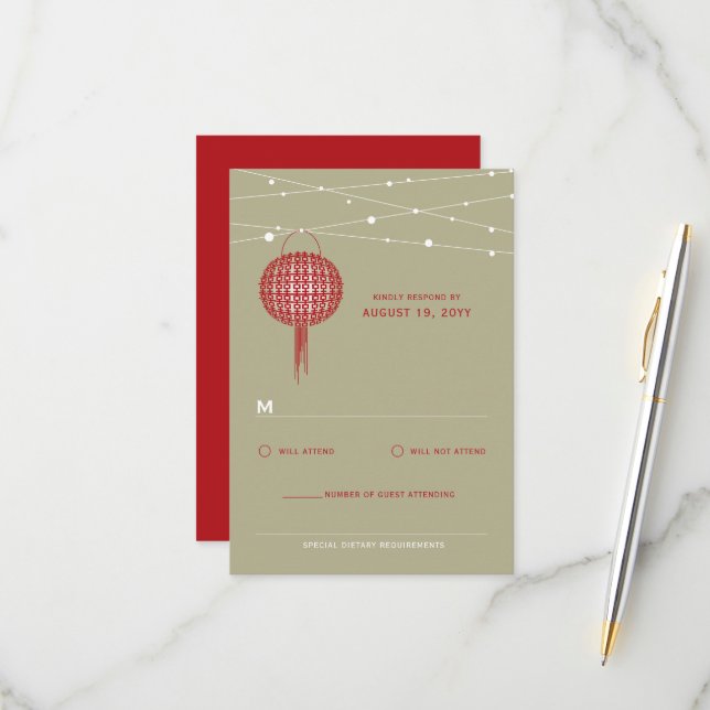 Double Happiness Red Lanterns Chic Chinese Wedding RSVP Card (Front/Back In Situ)
