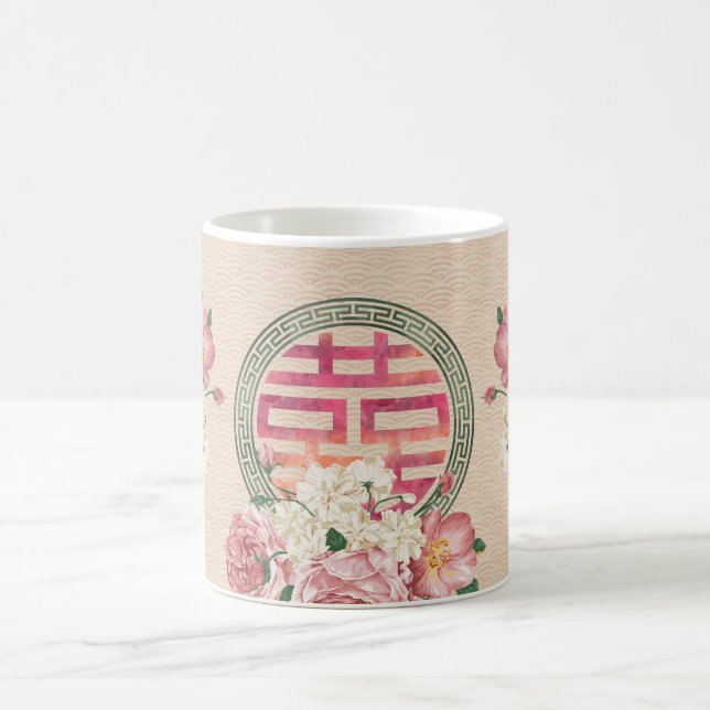 Double Happiness Symbol on Gentle Peony pattern Coffee Mug (Center)