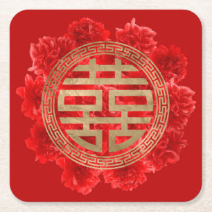 Double Happiness Symbol on Red Peonies Square Paper Coaster