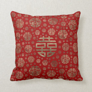 Double Happiness Symbol pattern - Gold on red Cushion