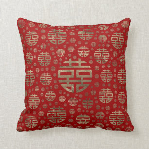 Double Happiness Symbol pattern - Gold on red Cushion