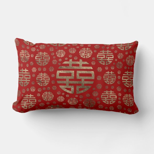 Double Happiness Symbol pattern - Gold on red Lumbar Cushion (Front)
