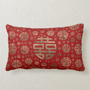 Double Happiness Symbol pattern - Gold on red Lumbar Cushion