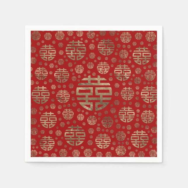 Double Happiness Symbol pattern - Gold on red Napkin (Front)