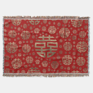 Double Happiness Symbol pattern - Gold on red Throw Blanket
