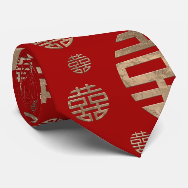 Double Happiness Symbol pattern - Gold on red Tie (Rolled)