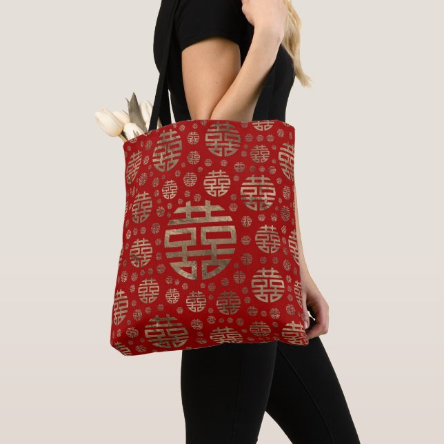 Double Happiness Symbol pattern - Gold on red Tote Bag (Close Up)