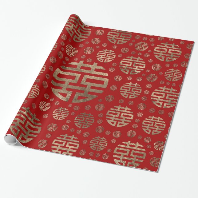 Double Happiness Symbol pattern - Gold on red Wrapping Paper (Unrolled)