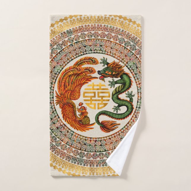 Double Happiness Symbol with Phoenix and Dragon Bath Towel Set (Hand Towel)