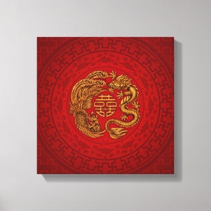 Double Happiness Symbol with Phoenix and Dragon Canvas Print