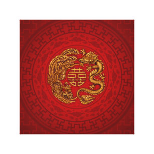 Double Happiness Symbol with Phoenix and Dragon Canvas Print