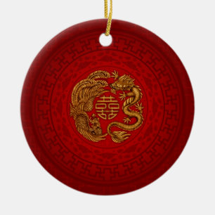 Double Happiness Symbol with Phoenix and Dragon Ceramic Tree Decoration