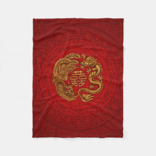 Double Happiness Symbol with Phoenix and Dragon Fleece Blanket