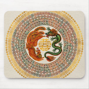 Double Happiness Symbol with Phoenix and Dragon Mouse Mat