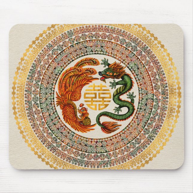Double Happiness Symbol with Phoenix and Dragon Mouse Mat (Front)