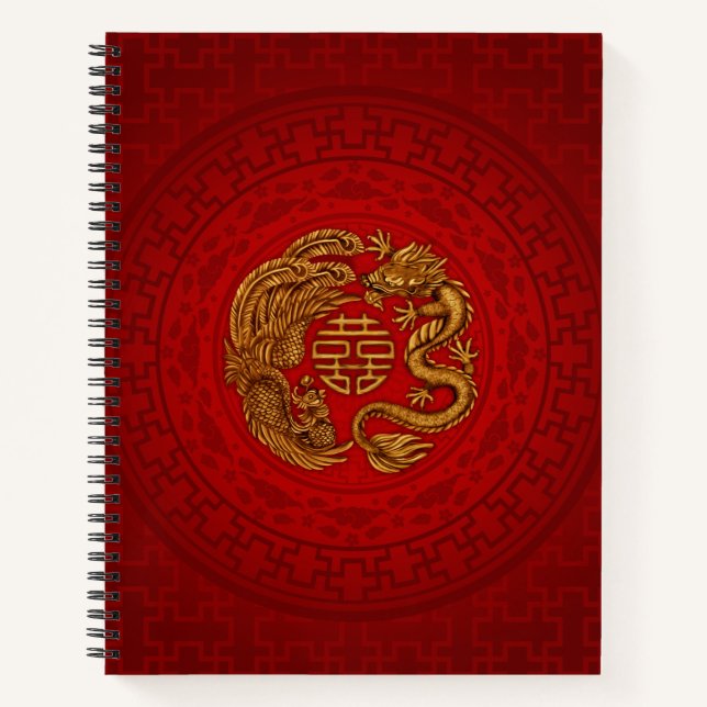 Double Happiness Symbol with Phoenix and Dragon Notebook (Front)