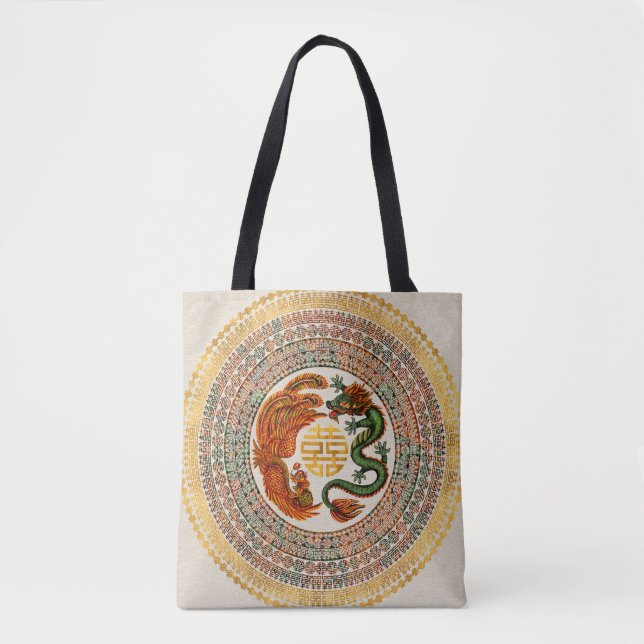 Double Happiness Symbol with Phoenix and Dragon Tote Bag (Front)