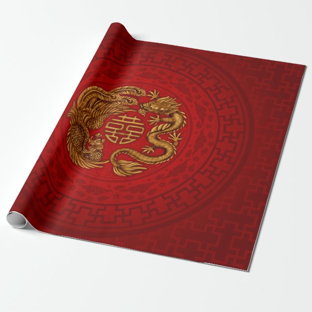 Double Happiness Symbol with Phoenix and Dragon Wrapping Paper (Unrolled)