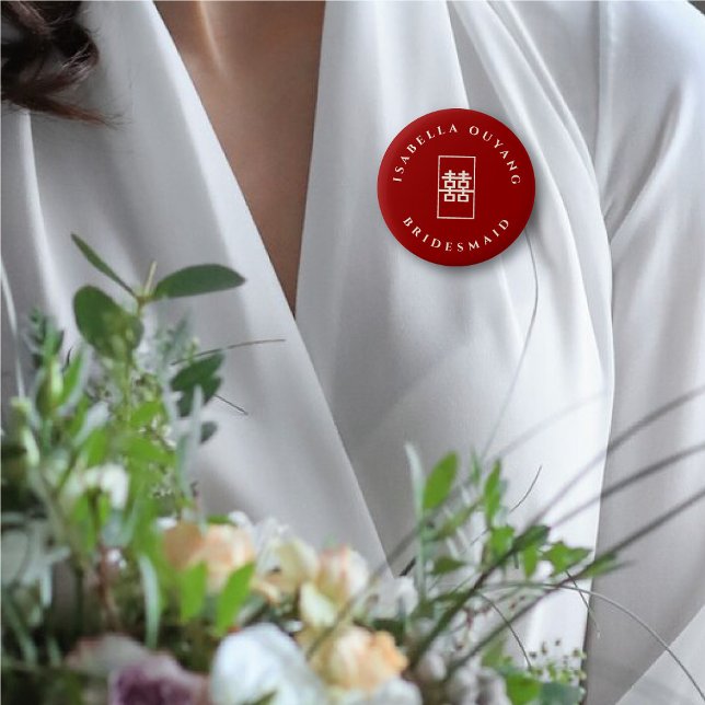 Double Happiness Team Bride Chinese Wedding Party 6 Cm Round Badge (BRIDESMAID Simple Rectangle Double Happiness Chinese Wedding Party Button @ fatfatin_red_knot)